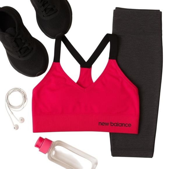 New Balance Pink Seamless Racerback Sports Bra Logo Flaw Women’s Size M GUC Yoga - Picture 3 of 9